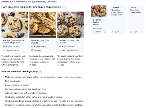 Example of how Google summarised the top 3 results for the term ​​“best chocolate chip cookie recipe.”